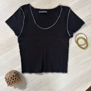 Brandy Melville Black Short Sleeve Top White Stitching Trim Made in Italy OS